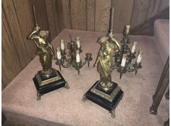 Spectacular ~ Signed ~ Antique Bronze Grecian 5 Light Lady Lamps