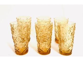 Set Of 6 Vintage MCM Textured Amber Glass Tumblers