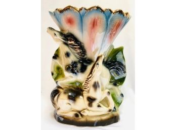 Sensational Vintage Pearlescent Porcelain Vase With Figural Horses