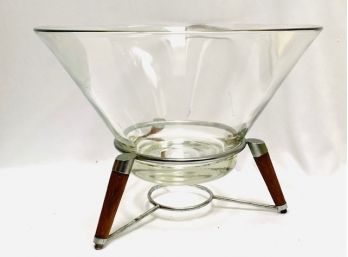 Vintage MCM Atomic Glass Bowl On Teak Stand