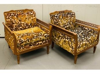 Pair Of Vintage Mid Century Carved Wood Upholstered Lounge Chairs