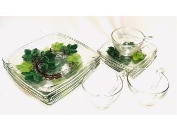 Vintage 11 Piece Handpainted Ivy On Glass - Hostess Set - Service For 4