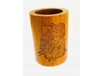Vintage Solid Walnut Owl Carving Pencil Cup