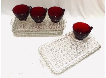 Vintage Mcm Crystal Glass Diamond Tray And Ruby Red Cup Hostess Set