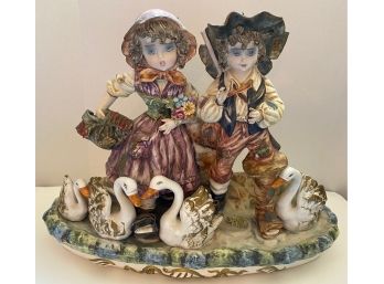 Large Vintage Capodimonte Porcelain Figurine, Children & Swans, Italy