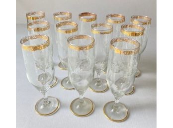 12 Vintage Etched Wine Glasses With Gold Trim