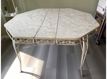 Vintage Wrought Iron Dining Table With Faux Marble Top & One Leaf