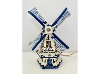 Vintage Delft Porcelain Hand Painted Ceramic Windmill Lamp, Holland
