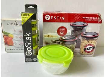 Over 12 Pieces New In Box Vestia Vacuum Sealed Containers, Mixing Bowls & Food Storage Containers