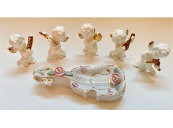 5 Miniature Angels Playing Music & Bone China Violin