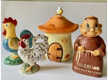 Vintage Porcelain Cookie Jar, Rooster Salt Shaker, Rooster Figurine & Resin Monk Piggy Bank