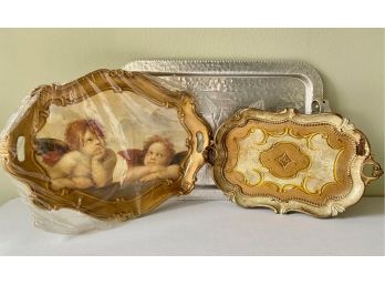 New Cherub Tray,  Continental Silver Plate Tray & Small Carved Wood Tray