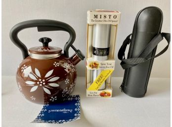 New In Box Tea Kettle, Thermos In Carrying Case & Olive Oil Mister