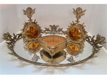 Four Piece Vintage Vanity Set: Large Mirror Tray, Perfume Bottles & Jewelry Box