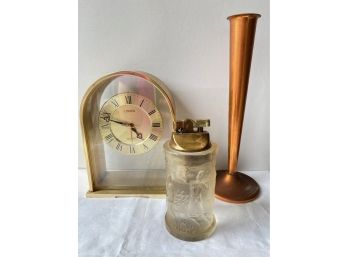 Linden Table Clock, Barolac Vintage Lighter From Czechoslovakia & Vase