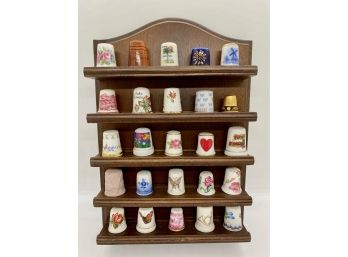 Collection Of 25 Vintage Thimbles With Wood Display Shelf