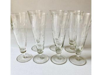 7 Vintage Etched Glass Pilsner Glasses On Pedestals