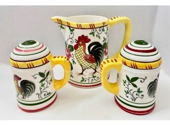 Hand Painted Ceramic Pitcher & Salt & Pepper Shakers, Rooster