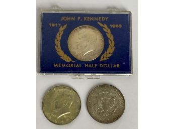 Three Collectible John F. Kennedy Memorial Half Dollars, One In Case