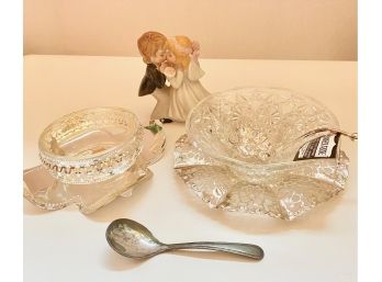 Two New Silver Plated Candy Dishes, Silver Plated Spoon & Wedding Figurine