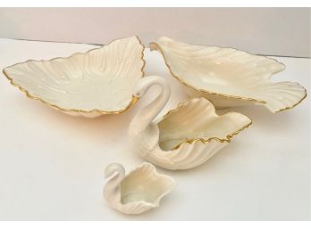 4 Lenox Porcelain Bowls & Swans With 24 Karat Gold Details