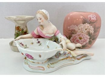 Vintage Andrea Figurine Woman With Candy Dish & Two Vases, Japan