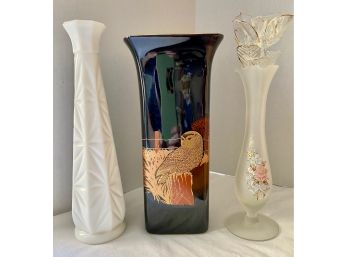 Three Vases: Otagiri Japan, Milk Glass & Painted Glass With Flowers