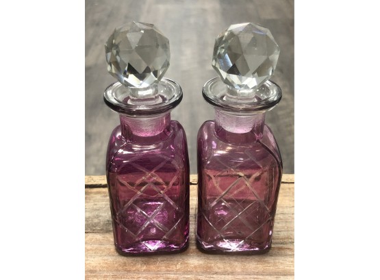 Two Violet Cut Glass Perfume Misc Bottles And Air Tight Frosted Stoppers
