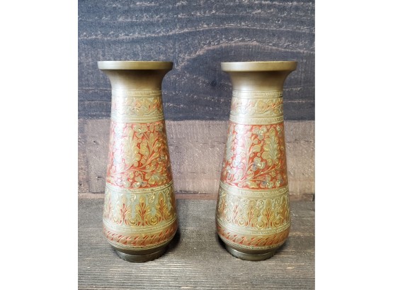 Pair Of Vintage Brass Vases From India - Burnished Red Etched Floral Design. Each Are 6 3/4' Tall