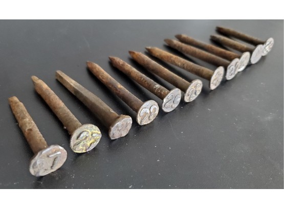 Antique Lot Of Eleven (11) Railroad Tie Date ~ Numbered Railroad Nails