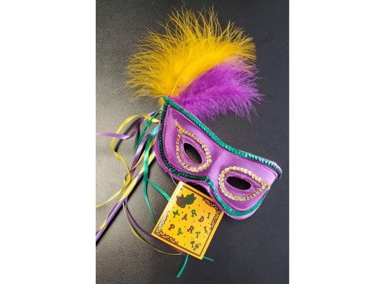 New Orleans Mardi Gras Stick- Held Feather Eye Mask -Brand New With A C.v. Gambina Maker's Tag
