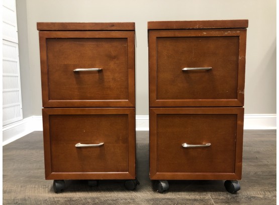 Lot Of Two Wooden File Cabinets With Lockable Caster Wheels