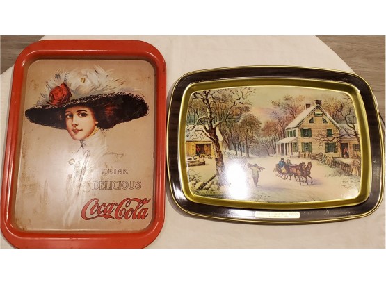 Two Decorated Contemporary Metal Tray Remakes - Coca-Cola (1971) And Currier & Ives American Homestead Winter