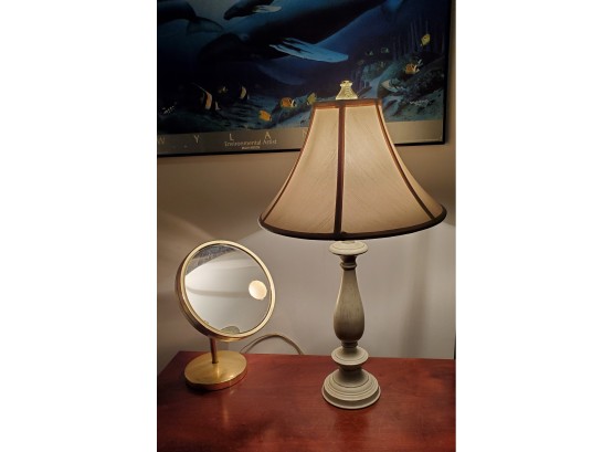 Two Working Lighting Fixtures - One An Antiqued, Painted Table Lamp The Other A Brass & Glass Make- Up Mirror
