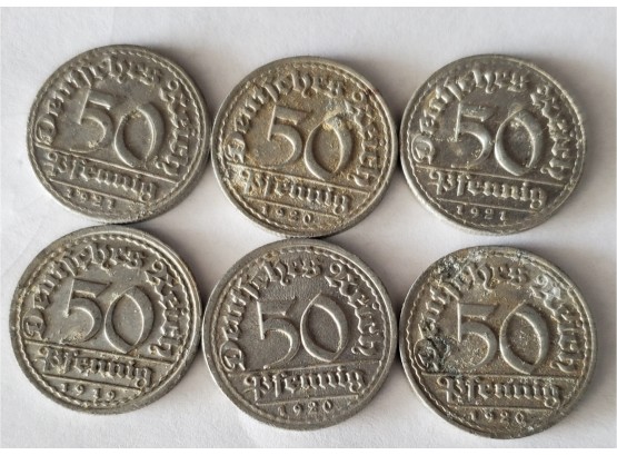 Six German / Weimar Republic- Coins Dated 1919 - 1921   50 Deutsches Reich Pfennig - All 'Ds'