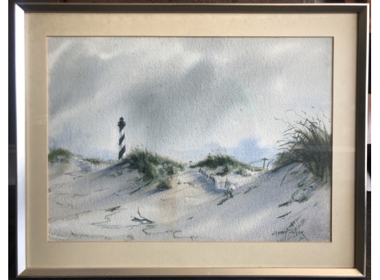 Lovely Framed Watercolor -Signed & Dated-Wayne Fuleher Island Beach Reeds Sandy Reeds & Light House Circa 1970