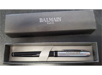 New In Box BALMAIN Of Paris Rollerball Black Ink Ball Point Pen With HILTON In Gold Lettering