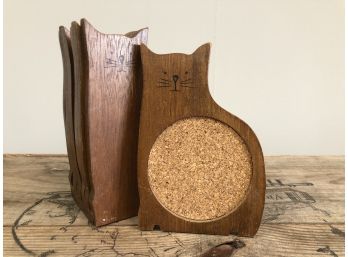 Wood Crafted Cat Coaster Set Complete With Holder And Cork Board Coasters By The Kitchen Corner