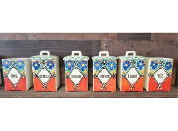 Vintage Czechoslovakian Hand-painted In Colorful Flowers Ceramic Canisters - 6 Canisters With 4 Lids