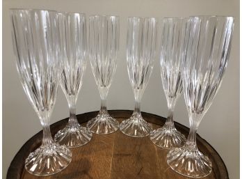 Stunning Set Of Six Lead Crystal Tall Champagne Flutes
