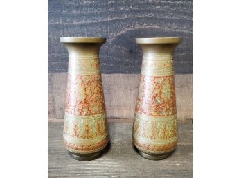 Pair Of Vintage Brass Vases From India - Burnished Red Etched Floral Design. Each Are 6 3/4' Tall