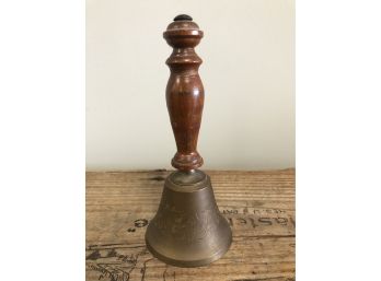 Vintage School Bell With Tall Wooden Handle And Brass Bell Circa 1960