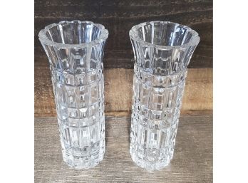 Vintage Pair Of Cut Glass Matching Flower Vases  Each Is 8 1/4' Tall