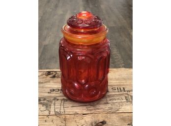 Unique Color Mix!!   Beautiful Hand Blown Ornate Red Cookie Jar With Yellow Flare