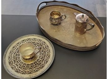 Lot Of 5 Vintage Silver Plate Items - Large Serving Tray, Tea Pot, Pierced Round Tray, Footed Cup, Floral Cup
