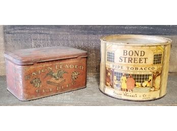 2 Antique Product Tins - Advertising - Bond Street Tobacco Philip Morris & Union Leader Cut Plug Smoke & Chew
