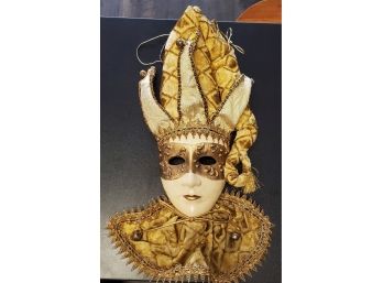 Venetian Carnival Mask - Gold With Bells & Colorful Beads On A Velour Material & A Hard Composite Face Mask