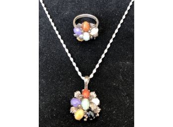 Lovely Matching Ring & Necklace With Multi Colored Gemstones