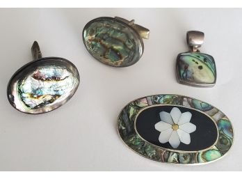 Suite Of Beautiful Abalone Shell Mexican 925 Sterling Silver Alpaca Jewelry - Cuff Links, Pendant & Pinback