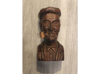Hand Carved Bust Of A Man In His Hoquy Wool Basque Beret Smoking His Favorite Pipe - Made In Spain